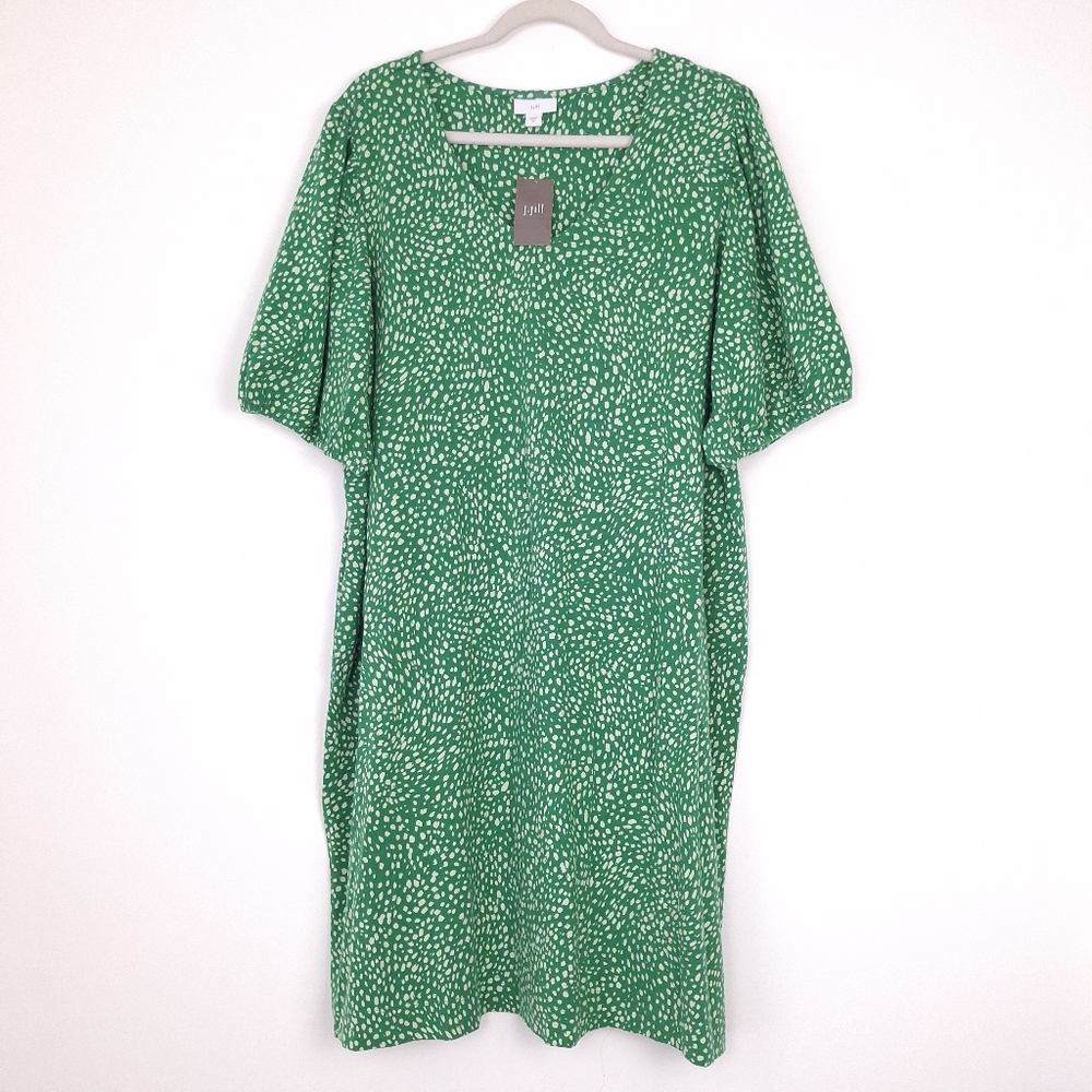J. Jill puff sleeve jersey shift dress Tencel modal blend pockets dots green